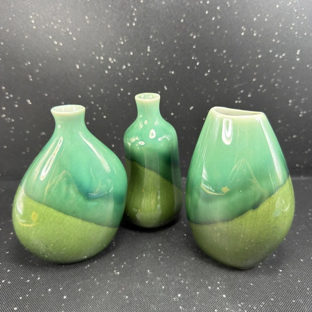 IKEA 3 Piece Bud Vase Set Green Two Tone Glazed Ceramic Organic Shape 4.5 Inch